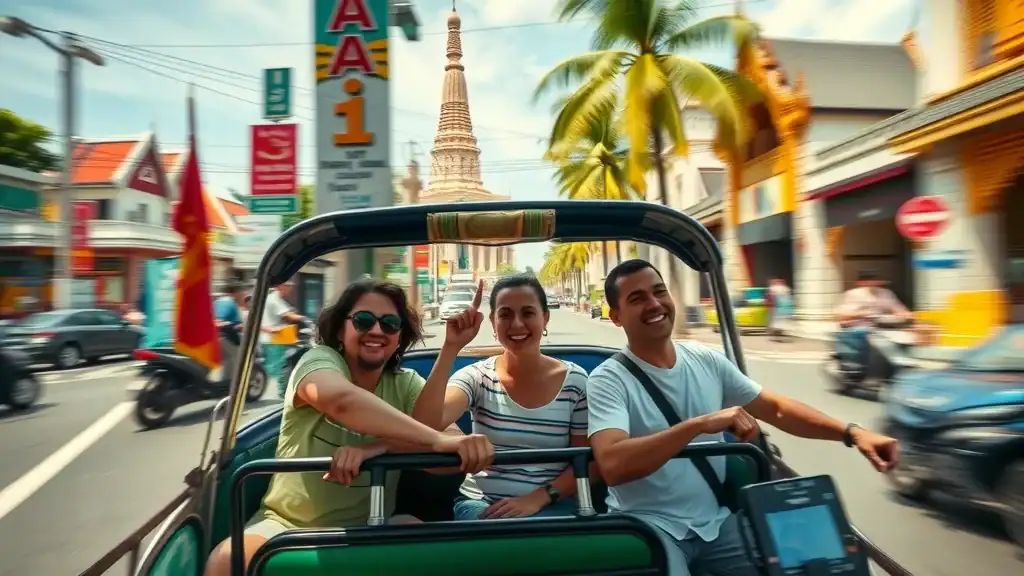 Tuk tuk with travelers zipping through a Bangkok street, set against urban city sights, illustrating popular transportation tips for Thailand travel.