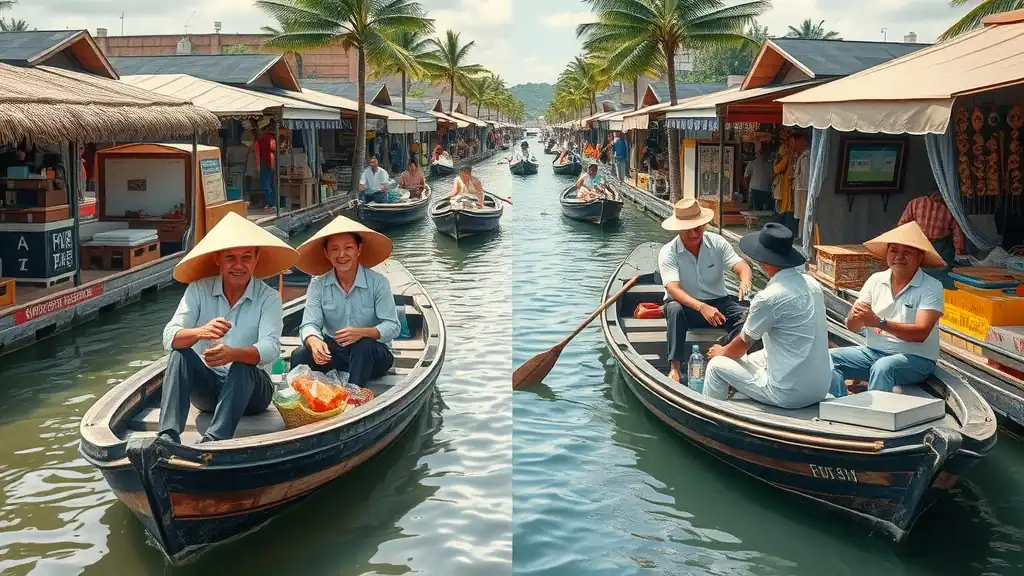 Contrasting floating market scenes with traditional vendors in classic boats and modern sellers accepting digital payments at split-canal background in Bangkok.