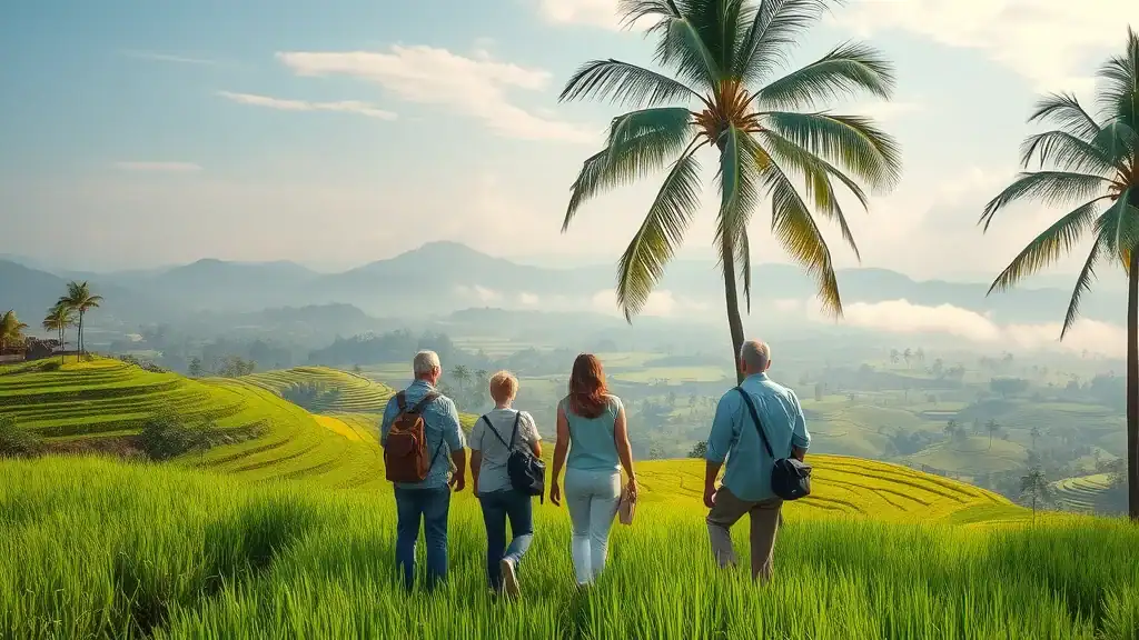 Welcoming Southeast Asian landscape during dry season, mature travelers admiring rice terraces, southeast asia travel tips, lush fields, misty mountains