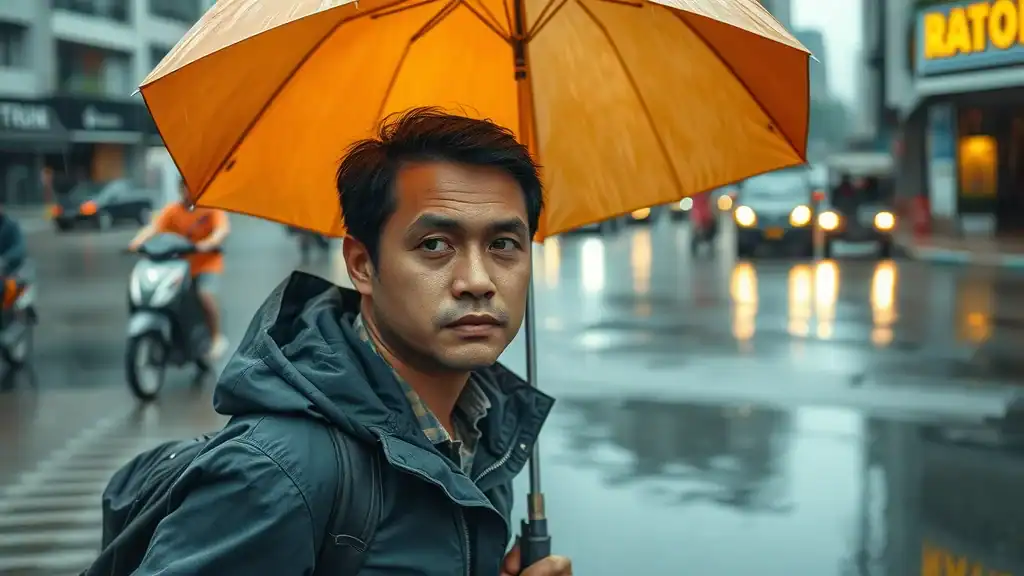 Traveler in Thai city during monsoon for rainy season safety Thailand