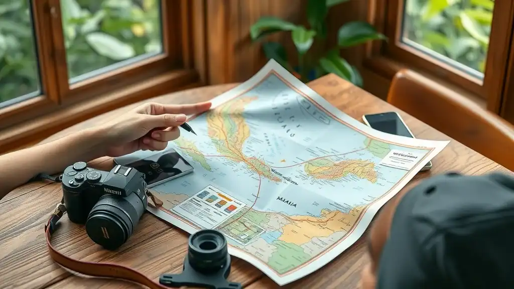 Traveler planning Malaysia adventure travel route with vibrant map and hiking gear