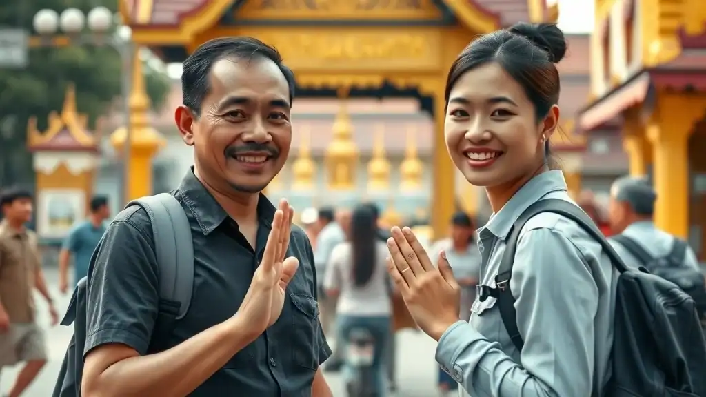 Respectful Thai local greeting a foreign traveler using the wai gesture, illustrating proper etiquette in Thailand greetings
