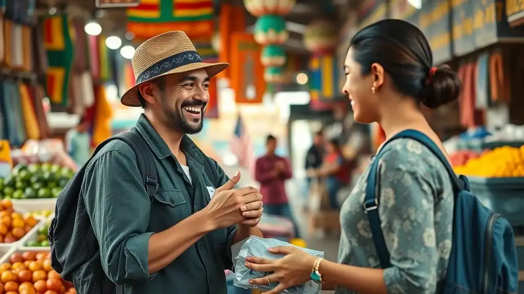 Traveler and friendly Thai vendor haggling prices in a bustling market—budget travel Thailand