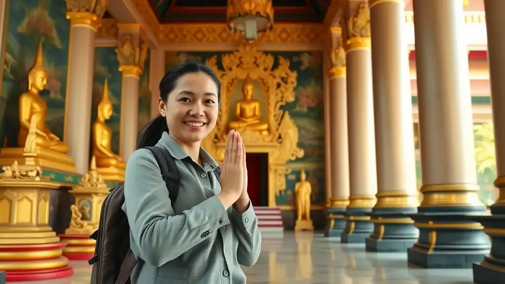 Respectful tourist at Thai temple performing the wai greeting in modest clothing. Thailand travel tips for cultural etiquette.
