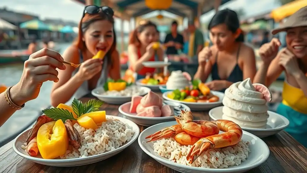Delicious floating market food spread including mango sticky rice, grilled prawns, and coconut ice cream sampled by happy marketgoers by the canal.
