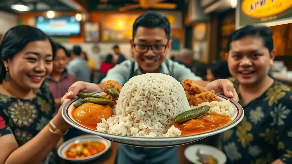 Hearty Nasi Kandar plate with rice, curries, fried chicken, okra — Malaysia food and cuisine favorite
