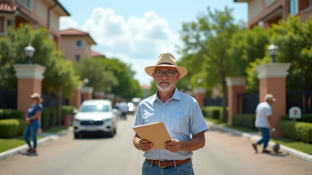 Confident expat retiree outside Hua Hin residential development—scouting retirement housing Thailand communities