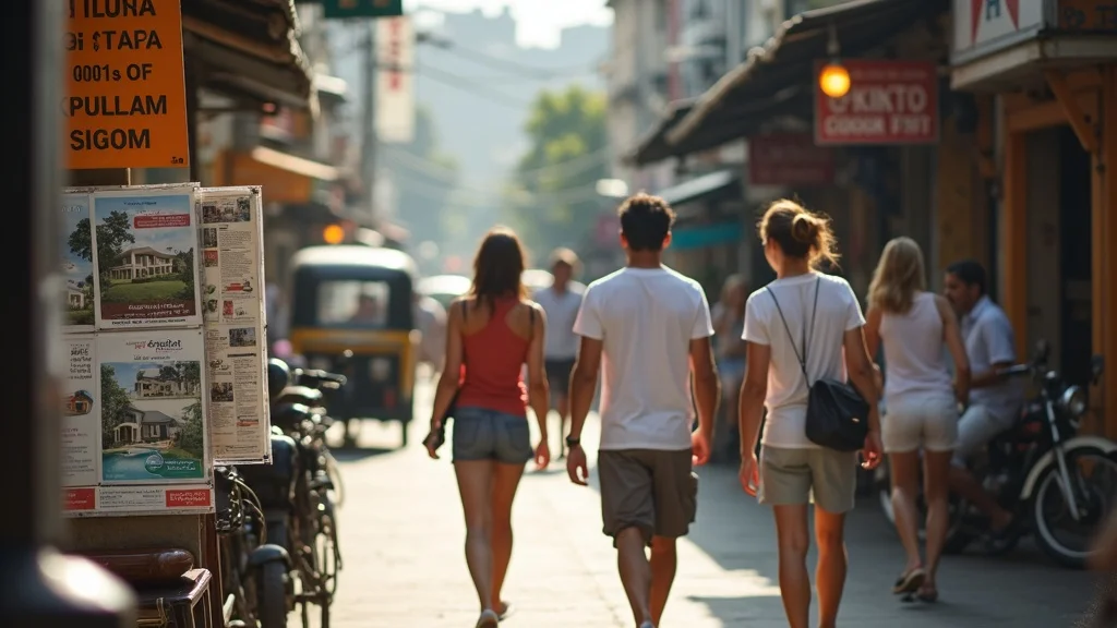 Expats reviewing real estate ads on a bustling street corner in Thailand—retirement housing Thailand property search in action