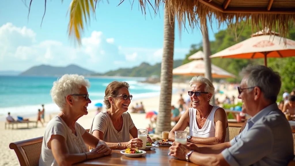 Retirees enjoying a vibrant beachfront café in Hua Hin among retirement communities Thailand, featuring waves, markets, and relaxed expat life