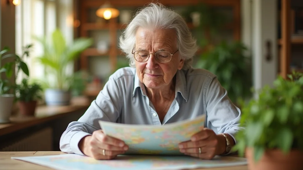 Active retiree researching travel tips for retirement communities Thailand, using a map and tablet in a cozy Thai-inspired home