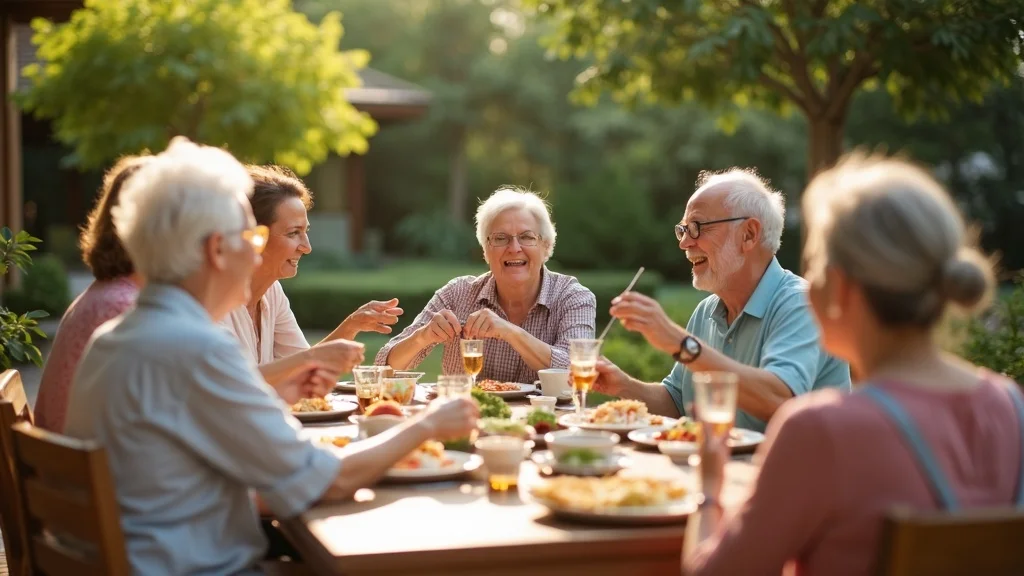 Happy retiree community gathering outdoors in Thailand, celebrating the benefits of retirement communities Thailand with food, laughter, and lush garden setting
