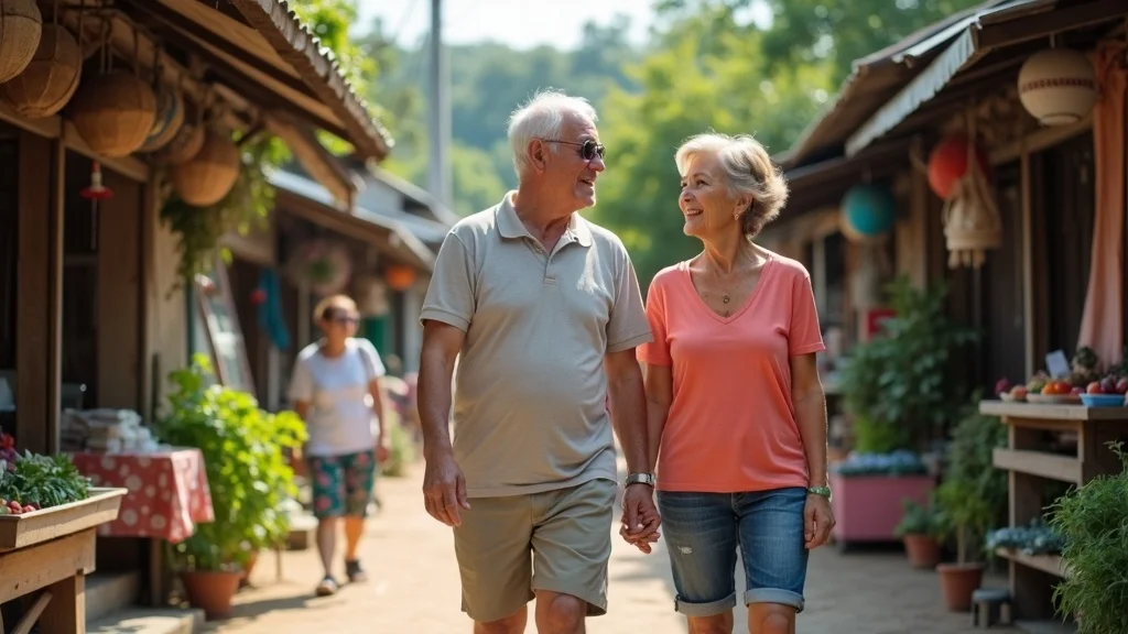 Mature couple exploring a vibrant Thai neighborhood among retirement communities Thailand, highlighting local markets and expat-local interactions