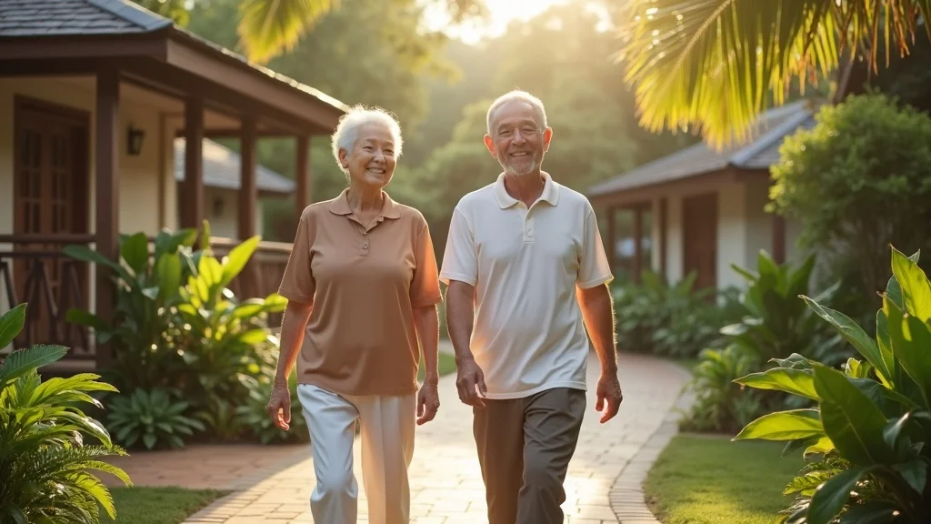 Serene retirement community in Thailand with expats enjoying a calm morning walk among lush gardens and cozy bungalows, representing retirement communities thailand